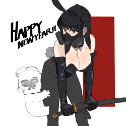 Rule 34 | 1girl, animal ears, black eyes, black gloves, black hair, black pantyhose, breasts, chinese zodiac, cleavage, detached collar, elbow gloves, english text, gas mask, gloves, happy new year, holding, holding sword, holding weapon, hong doo, katana, large breasts, leaning forward, leotard, looking at viewer, mask, new year, original, pantyhose, playboy bunny, rabbit ears, rabbit tail, short hair, solo, standing, sword, tail, weapon, white background, year of the rabbit