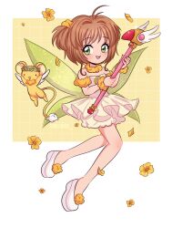 Rule 34 | 1girl, absurdres, artist name, blush, brown hair, cardcaptor sakura, chellyko, child, flower, full body, green eyes, highres, holding, holding wand, kero (cardcaptor sakura), kinomoto sakura, magical girl, open mouth, tail, wand, white footwear, wings, yellow flower