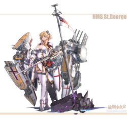 Rule 34 | 1girl, blonde hair, blue eyes, breasts, cannon, cross, flag, high heels, highres, holding, holding sword, holding weapon, large breasts, machinery, ponytail, saint george (warship girls r), sidelocks, solo, sword, thighhighs, turret, warship girls r, weapon, white ensign, white thighhighs, windforcelan