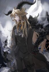 Rule 34 | 1girl, afkonxmikasa, animal ear fluff, animal ears, arknights, arm strap, armor, asymmetrical sidelocks, belt, belt buckle, black belt, black coat, black gloves, black jacket, black necktie, black pants, black straps, blonde hair, blood, blood on cheek, blood on clothes, blood on face, blurry, blurry background, breast pocket, breasts, brown horns, buckle, buttons, closed mouth, coat, collared shirt, commentary, cowboy shot, crossed bangs, day, degenbrecher (arknights), depth of field, dress shirt, dutch angle, expressionless, eyelashes, film grain, gauntlets, glint, gloves, goat ears, goat girl, goat horns, grey sky, hair between eyes, hair flowing over, hatching (texture), highres, holding, holding sword, holding weapon, horns, jacket, lapels, linear hatching, long bangs, long hair, long sleeves, looking to the side, medal, medium breasts, messy hair, metal, metal gloves, military, military jacket, military uniform, mountain, mountainous horizon, necktie, notched lapels, open clothes, open coat, orange shirt, outdoors, pale skin, pants, parted bangs, pauldrons, pocket, profile, shadow, shirt, shoulder armor, sidelocks, single gauntlet, single pauldron, single shoulder pad, sky, snow, solo, spiked pauldrons, standing, sword, thigh belt, thigh strap, uniform, very long hair, weapon, wing collar, yellow eyes