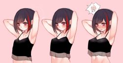 Rule 34 | !?, 1girl, armpits, arms behind head, arms up, bang dream!, bare arms, bare shoulders, black hair, blush, breast expansion, camisole, closed mouth, commentary, crop top, embarrassed, groin, hands up, mamaloni, mitake ran, multicolored hair, multiple views, navel, open mouth, pink background, pink eyes, short hair, simple background, stomach, streaked hair, sweatdrop, symbol-only commentary, upper body, variations
