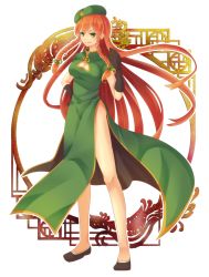 Rule 34 | 1girl, beret, braid, breasts, china dress, chinese clothes, cleavage, cleavage cutout, clothing cutout, dress, female focus, gloves, green eyes, hair ribbon, hat, hong meiling, long hair, red hair, ribbon, sakuyabm, side slit, smile, solo, star (symbol), touhou, twin braids, very long hair