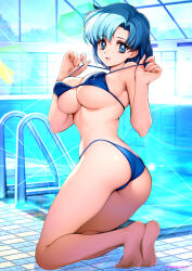 Rule 34 | 1girl, artist name, ass, bare arms, bare shoulders, barefoot, bikini, bishoujo senshi sailor moon, blue bikini, blue eyes, blue hair, breasts, cleavage, commentary request, day, feet, full body, hands up, highleg, highleg bikini, highres, indoors, kneeling, large breasts, looking at viewer, looking back, mizuno ami, oyaman, pool, pool ladder, pulling own clothes, short hair, signature, simple background, smile, soles, solo, swimsuit, thighs, toes, twisted torso, water