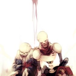 Rule 34 | 2boys, armor, artist name, blood, blood on clothes, blue jacket, boots, closed eyes, crack, disintegration, dying, hand in pocket, hand on another&#039;s shoulder, highres, hood, hooded jacket, hoodie, jacket, multiple boys, open clothes, open jacket, open mouth, ozumii, papyrus (undertale), sans (undertale), scarf, shorts, shoulder pads, simple background, sitting, skeleton, spoilers, teeth, undertale, white background