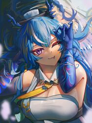 Rule 34 | :p, absurdres, arknights, arm tattoo, blue hair, breasts, collar, dragon, dragon horns, earrings, eyeliner, hand on own face, highres, horns, in water, jewelry, large breasts, ling (arknights), long hair, looking at viewer, lying, makeup, mole, mole on breast, multicolored hair, neck tassel, nikov, on back, one eye closed, pointy ears, purple hair, red eyeliner, streaked hair, tassel, tassel earrings, tattoo, tongue, tongue out, wavy mouth