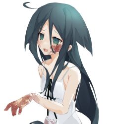 Rule 34 | 1girl, ahoge, bare arms, bare shoulders, black ribbon, blood, blood on face, blood on hands, blush, commentary, commission, dizzy (nadecola9), dress, english commentary, flat chest, green eyes, green hair, hair between eyes, hair flaps, hand up, highres, long hair, neck ribbon, open mouth, ribbon, saya (saya no uta), saya no uta, sidelocks, simple background, sleeveless, sleeveless dress, smile, solo, sundress, upper body, very long hair, white background, white dress