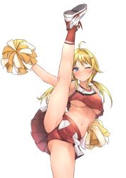 Rule 34 | 1girl, absurdres, ahoge, armpits, b1ack illust, bare shoulders, blonde hair, blue eyes, blush, breasts, cheerleader, closed mouth, commission, crop top, crop top overhang, flexible, hachimiya meguru, hair ornament, hairclip, highres, holding, holding pom poms, idolmaster, idolmaster shiny colors, large breasts, leg up, long hair, looking at viewer, low twintails, midriff, miniskirt, navel, one eye closed, panties, pixiv commission, pleated skirt, pom pom (cheerleading), pom poms, red panties, shoes, simple background, skirt, smile, sneakers, socks, solo, split, standing, standing on one leg, standing split, twintails, underboob, underwear, white background