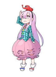 Rule 34 | 1girl, arm up, bow, bubble skirt, elephant, expressionless, hairband, hata no kokoro, long hair, long sleeves, mask, nakashino setsu, open mouth, pink eyes, pink hair, plaid, plaid shirt, shirt, simple background, skirt, solo, touhou, very long hair, watering can, white background, wide sleeves