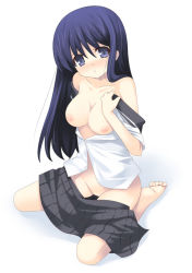 Rule 34 | 1girl, blue hair, blush, breasts, gradient background, kagura mizuki, large breasts, nipples, no panties, original, pussy, school uniform, serafuku, solo, uncensored, undressing