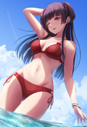 Rule 34 | 1girl, bare shoulders, bikini, black hair, blue sky, blunt bangs, bow, bracelet, breasts, brown eyes, cloud, cloudy sky, dot nose, earrings, floating hair, from below, gluteal fold, groin, hair bow, highres, idolmaster, idolmaster shiny colors, jewelry, long hair, mayuzumi fuyuko, medium breasts, momi yuro, navel, one eye closed, open mouth, outdoors, red bikini, red bow, sky, smile, solo, stud earrings, swimsuit, thigh gap, thighs, wading, water