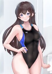 Rule 34 | 1girl, blue eyes, breasts, brown hair, competition swimsuit, highres, medium breasts, mizuno, one-piece swimsuit, swimsuit