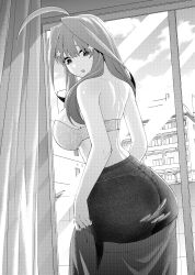 Rule 34 | 1girl, :o, absurdres, ahoge, ass, bare shoulders, bra, breasts, clothes pull, go-toubun no hanayome, greyscale, hair ornament, highres, indoors, kosmos beta, large breasts, long hair, looking down, monochrome, nakano itsuki, open mouth, panties, panties under pantyhose, pantyhose, sideboob, skirt, skirt pull, solo, star (symbol), star hair ornament, torn clothes, torn pantyhose, underwear, undressing, window