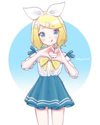 Rule 34 | 1girl, :p, aegissanp, artist name, blonde hair, blue eyes, blush stickers, bow, flower, hair bow, hair flower, hair ornament, hairclip, hands up, head tilt, heart, heart hands, highres, kagamine rin, long sleeves, looking at viewer, off-shoulder shirt, off shoulder, parted bangs, pleated skirt, ribbon trim, shirt, shirt tucked in, short hair, skirt, sleeve ribbon, sleeves past elbows, solo, thick eyebrows, tongue, tongue out, vocaloid, x hair ornament