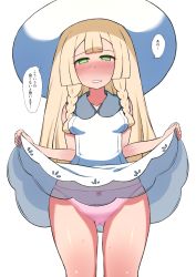 Rule 34 | 1girl, blonde hair, blush, braid, breasts, clothes lift, creatures (company), dress, dress lift, embarrassed, eyebrows, full-face blush, game freak, green eyes, hat, highres, komusou (jinrikisha), lifting own clothes, lillie (pokemon), long hair, looking at viewer, nintendo, panties, parted lips, pokemon, pokemon sm, see-through, simple background, skindentation, small breasts, solo, sweat, text focus, twin braids, underwear, white background, white hat