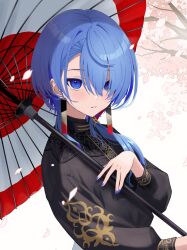 Rule 34 | 1girl, black dress, blue eyes, blue hair, blue nails, cherry blossoms, commentary request, dress, falling petals, hair between eyes, hair over one eye, haruwo, highres, holding, holding umbrella, hololive, hoshimachi suisei, hoshimachi suisei (8th costume), hoshimachi suisei (oriental suit), long hair, long sleeves, looking at viewer, official alternate costume, oil-paper umbrella, parted lips, petals, solo, umbrella, upper body, variant set, virtual youtuber
