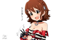 Rule 34 | alternate hairstyle, bare shoulders, black gloves, blush, braid, breasts, brown eyes, brown hair, choker, cleavage, commentary request, crop top, detached sleeves, gloves, hair ornament, hairclip, idolmaster, idolmaster million live!, idolmaster million live! theater days, kasuga mirai, looking down, medium breasts, open mouth, signature, single glove, solo, striped clothes, translation request, tun, white background, zipper