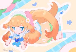 Rule 34 | 1girl, animal ears, blonde hair, blue eyes, blush, boots, closed mouth, delicious party precure, dog ears, dog girl, dog tail, dress, floral print, flower, frilled dress, frills, full body, gloves, hair flower, hair ornament, hands on own cheeks, hands on own face, heart, highres, knee boots, leg up, long hair, looking at viewer, lying, noniha, on stomach, orange hair, pam-pam (precure), pam-pam (precure) (human), precure, smile, solo, tail, very long hair, white flower, white footwear, white gloves
