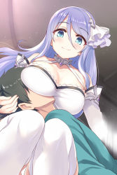 Rule 34 | 1boy, 1girl, bare shoulders, blue eyes, blush, breasts, cleavage, collarbone, detached sleeves, faceless, faceless male, hair between eyes, hand on another&#039;s head, handjob, hetero, highres, lap pillow, large breasts, long hair, looking at another, looking down, motion blur, princess connect!, purple hair, ryuki (ryukisukune), shizuru (princess connect!), smile, split mouth, swept bangs, thighhighs