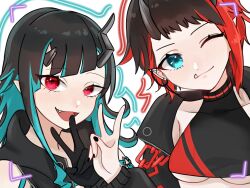 Rule 34 | 2girls, aosima ilst, black gloves, black hair, black jacket, black nails, black sports bra, blue hair, blush, breasts, chain, closed mouth, commentary request, demon girl, demon horns, ear chain, fang, fingernails, gloves, highres, horns, jacket, long hair, looking at viewer, medium bangs, medium breasts, multicolored hair, multiple girls, nanashi inc., one eye closed, open mouth, pointy ears, purikura, red eyes, red hair, ryugasaki rene, ryugasaki rene (1st costume), shishio chris, shishio chris (1st costume), short bangs, simple background, smile, sports bra, two-tone hair, underboob, upper body, v, virtual youtuber, white background
