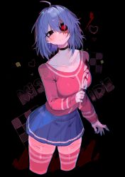 1girl ahoge arm_at_side black_background black_choker black_eyes black_sclera blood bloody_knife blue_hair blue_skirt breasts burn_scar choker collarbone colored_sclera commentary cropped_legs double_horizontal_stripe from_above hair_between_eyes heart heart-shaped_pupils heterochromia highres holding holding_knife knife long_sleeves medium_breasts medium_hair miside mismatched_sclera mita_(miside) parted_lips pleated_skirt red_eyes red_shirt red_thighhighs scar self-harm shirt simple_background single_horizontal_stripe skindentation skirt sleeves_past_wrists solo symbol-shaped_pupils thighhighs uneven_eyes usa37107692 zettai_ryouiki