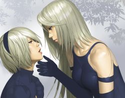 Rule 34 | 2girls, android, black dress, black gloves, blue eyes, breasts, dress, elbow gloves, gloves, grabbing another&#039;s chin, hairband, hand on another&#039;s chin, lips, long hair, looking at another, multiple girls, nier (series), nier:automata, open mouth, unfinished, watanabe yasuaki, 2b (nier:automata), a2 (nier:automata), yuri