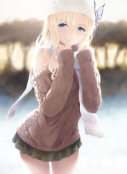Rule 34 | 10s, 1girl, beanie, blonde hair, blue eyes, boku wa tomodachi ga sukunai, bug, butterfly, butterfly hair ornament, cait aron, grin, hair ornament, hat, highres, bug, kashiwazaki sena, long hair, long sleeves, looking at viewer, off-shoulder, off-shoulder sweater, off shoulder, outdoors, plaid, plaid skirt, scarf, skirt, smile, solo, sweater, teeth