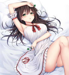 Rule 34 | 1girl, :o, arm up, armpits, ass, bare shoulders, bed sheet, blush, breasts, brown hair, dress, fingernails, frilled dress, frills, green eyes, hair between eyes, halterneck, highres, long hair, looking at viewer, lying, medium breasts, on back, original, panties, parted lips, pillow, red ribbon, ribbon, solo, underwear, very long hair, white dress, white panties, ym (distance819)