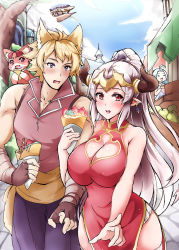 Rule 34 | 1boy, 1girl, aliza (granblue fantasy), bare shoulders, blush, bolobolo, breasts, china dress, chinese clothes, cleavage, cleavage cutout, clothing cutout, couple, cow girl, cow horns, curvy, draph, dress, earrings, food, granblue fantasy, headgear, highres, horns, jewelry, large breasts, locked arms, long hair, looking at viewer, outdoors, pointy ears, ponytail, red eyes, short hair, skirt, stan (granblue fantasy), standing, thighs, vyrn (granblue fantasy), white hair