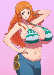 Rule 34 | 1girl, absurdres, arm up, bikini, bikini top only, breasts, cleavage, denim, earrings, female focus, hand on own hip, highres, huge breasts, jeans, jewelry, long hair, looking at viewer, nami (one piece), navel, one piece, orange hair, pants, sasaki666, simple background, skindentation, solo