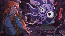 Rule 34 | 1girl, backpack, badge, bag, blue jacket, celeste (video game), closed mouth, del-chan, food, hair flowing over, highres, holding, holding food, jacket, long hair, looking at food, looking at object, madeline (celeste), monster, mountain, orange hair, sky
