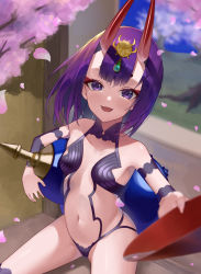 Rule 34 | 1girl, :d, absurdres, bare shoulders, bisco (bisco art), bob cut, breasts, cherry blossoms, cup, eyelashes, eyeliner, fangs, fate/grand order, fate (series), headpiece, highres, horns, jewelry, looking at viewer, makeup, mascara, oni, open mouth, petals, purple eyes, purple hair, reaching, reaching towards viewer, revealing clothes, sakazuki, short hair, shuten douji (fate), sitting, skin-covered horns, small breasts, smile, solo