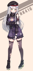Rule 34 | 1girl, absurdres, beret, black footwear, black hat, black thighhighs, blunt bangs, blush, breasts, character name, cleavage, commentary request, facial mark, girls&#039; frontline, green eyes, hair ornament, haneiro, hat, highres, hk416 (girls&#039; frontline), jacket, long hair, looking at viewer, medium breasts, shoes, silver hair, solo, thighhighs, torn clothes, torn jacket, torn thighhighs, very long hair