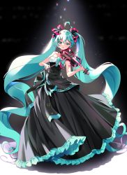Rule 34 | 1girl, :o, absurdly long hair, adapted costume, ahoge, aqua bow, aqua hair, arami o 8, arm tattoo, bare arms, bare shoulders, black background, black dress, bow, commentary, detached collar, dress, frilled dress, frills, full body, hair between eyes, hair ribbon, hatsune miku, highres, holding, holding instrument, holding violin, instrument, long hair, looking at viewer, miku symphony (vocaloid), music, playing instrument, ribbon, solo, stage lights, standing, strapless, strapless dress, tattoo, twintails, very long hair, violin, vocaloid