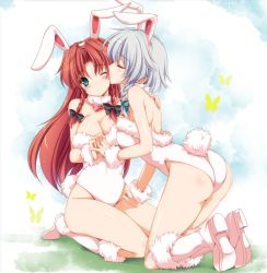 Rule 34 | 2girls, alternate costume, animal ears, animated, animated png, ass, bare legs, blush, boots, bow, braid, breasts, bug, butterfly, cleavage, couple, derivative work, detached collar, female focus, fur trim, green eyes, hair bow, hong meiling, insect, izayoi sakuya, kaze (kazesan), kemonomimi mode, large breasts, leotard, licking, licking another&#039;s cheek, licking another&#039;s face, long hair, monety, multiple girls, one eye closed, playboy bunny, rabbit ears, rabbit tail, red hair, silver hair, tail, touhou, twin braids, wink, yuri