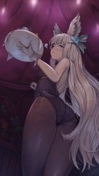 Rule 34 | 1girl, absurdres, alternate costume, animal ears, ass, bare shoulders, blue eyes, blunt bangs, blush, breasts, breath, commentary, cowboy shot, cup, drinking glass, english commentary, erune, from behind, from below, gloves, granblue fantasy, hair ornament, highres, holding, holding tray, indoors, korwa, leotard, long hair, looking at viewer, looking back, medium breasts, pantyhose, playboy bunny, rou (rou22), silver hair, solo, thighs, tray, very long hair