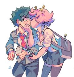 Rule 34 | 1boy, 1girl, ashido mina, bag, black skirt, black thighhighs, blazer, blush, boku no hero academia, breasts, cleavage, closed eyes, closed mouth, collared shirt, colored skin, commentary, couple, english commentary, green hair, grey background, grey jacket, grey pants, hand on another&#039;s face, hetero, holding, holding phone, horns, imjustanectoplasm, jacket, kiss, long sleeves, looking at another, medium breasts, midoriya izuku, necktie, pants, phone, pink hair, pink skin, pleated skirt, school uniform, shirt, short hair, short sleeves, simple background, skirt, standing, surprise kiss, surprised, thighhighs, u.a. school uniform, white shirt, yellow horns
