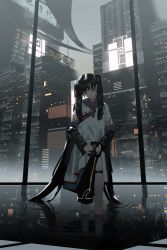 Rule 34 | 1girl, absurdres, billboard, black hair, chinese clothes, cityscape, highres, holding, long hair, long sleeves, looking away, original, reflection, reflective water, ripples, robe, science fiction, solo, thigh strap, tuoer, twintails, wading, water, white robe