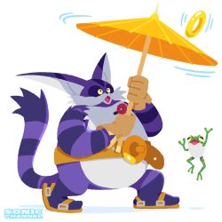 Rule 34 | 1boy, animal ears, anniversary, belt, big the cat, brown gloves, cat boy, cat ears, cat tail, frog, froggy (sonic), furry, furry male, gloves, highres, looking up, official art, open mouth, parasol, purple fur, sandals, simple background, sonic (series), sonic heroes, sonicofficialjp, tail, two-tone fur, umbrella, uno yuuji, white fur