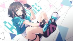 Rule 34 | 1girl, aqua jacket, black gloves, black shorts, boots, bow, brown hair, commentary, crossed legs, dutch angle, fingerless gloves, fingernails, gloves, green eyes, grin, hair bow, hand up, headphones, headphones around neck, highres, holding, holding bow (ornament), jacket, kizuna ai, kizuna ai (a.i. games), kizuna ai inc., knees up, legs, light blush, looking at viewer, medium hair, multicolored hair, open clothes, open jacket, pink bow, pink hair, schatten, shirt, shorts, simple background, sitting, smile, solo, streaked hair, teeth, thigh strap, thighs, virtual youtuber, white background, white shirt