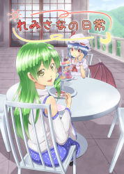 Rule 34 | 2girls, ataru (cha2batake), bad id, bad pixiv id, bat wings, blue hair, chair, cup, detached sleeves, female focus, frog hair ornament, green eyes, green hair, hair ornament, hair tubes, hat, hat ribbon, head rest, kochiya sanae, long hair, looking back, multiple girls, open mouth, puffy sleeves, red eyes, remilia scarlet, ribbon, saucer, short hair, short sleeves, sitting, smile, table, tea, teacup, tiered tray, touhou, translation request, wings