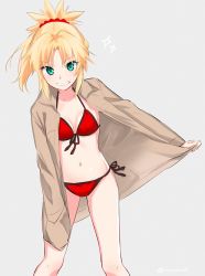 Rule 34 | 1girl, bikini, blonde hair, blush, brown jacket, cowboy shot, fate/grand order, fate (series), green eyes, grin, halterneck, ica, jacket, long hair, long sleeves, looking at viewer, mordred (fate), mordred (fate) (all), mordred (fate/apocrypha), mordred (swimsuit rider) (fate), mordred (swimsuit rider) (first ascension) (fate), navel, ponytail, red bikini, scrunchie, smile, solo, standing, string bikini, swimsuit, twitter username, v-shaped eyebrows