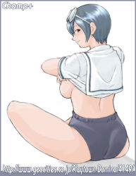 Rule 34 | 1girl, ass, blue hair, breasts, brown eyes, buruma, champ+, clothes lift, glasses, huge ass, large breasts, looking back, may lee, no bra, panties, school uniform, serafuku, shirt lift, short hair, sideboob, sitting, smile, snk, solo, the king of fighters, underwear, undressing