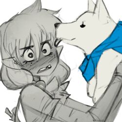 Rule 34 | 1girl, blue cape, blush, cape, commentary, crooked teeth, dog, english commentary, freckles, licking, licking another&#039;s face, limited palette, original, pointy ears, psuede, simple background, sketch, white background