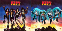 Rule 34 | 4boys, 4girls, ace frehley, ace frehley (cosplay), album cover, aqua hair, blue eyes, boots, cosplay, cover, facepaint, gene simmons, gene simmons (cosplay), hatsune miku, high heels, ken kelly, kiss (rock band), long hair, mikudayoo, multiple boys, multiple girls, necktie, parody, paul stanley, paul stanley (cosplay), peter criss, peter criss (cosplay), pleated skirt, skirt, thigh boots, thighhighs, twintails, vocaloid