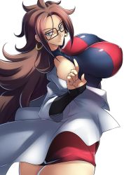 Rule 34 | 1girl, android 21, ass, breasts, brown hair, curvy, dragon ball, dragon ball fighterz, dress, female focus, glasses, haganef, highres, huge breasts, long hair, looking at viewer, looking back, shiny skin, simple background, smile, thighs, white background