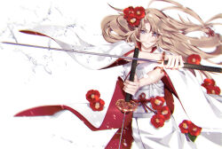 Rule 34 | 1boy, :|, alternate costume, androgynous, brown hair, camellia, closed mouth, cowboy shot, dual wielding, fighting stance, flower, flower ornament, grey eyes, hair flower, hair ornament, holding, holding sword, holding weapon, japanese clothes, katana, kimono, long hair, looking at viewer, low-tied long hair, male focus, minashiro soushi, miyagokarasu, motion blur, obi, parted bangs, red flower, red kimono, reverse grip, sash, scar, scar across eye, simple background, solo, soukyuu no fafner, standing, sword, two-sided fabric, waist cape, water, water drop, weapon, white background, white kimono, white sash