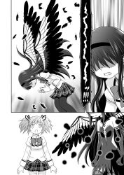 2girls akemi_homura akuma_homura argyle_clothes argyle_thighhighs armlet bare_shoulders bow bowtie center_opening clenched_hands clenched_teeth closed_eyes collared_shirt dress elbow_gloves feather-trimmed_dress feathered_wings feathers frown gloves greyscale hair_ribbon hairband high_collar highres jewelry juliet_sleeves kaname_madoka lace lace-trimmed_shirt lace-trimmed_sleeves lace_trim long_hair long_sleeves looking_at_another mahou_shoujo_madoka_magica mahou_shoujo_madoka_magica:_hangyaku_no_monogatari miniskirt mitakihara_school_uniform monochrome multiple_girls multiple_views pain pantyhose parted_lips plaid_clothes plaid_skirt pleated_skirt pocket puffy_sleeves ribbon sca_jam school_uniform shaded_face shirt short_dress short_hair short_twintails sidelocks skirt sleeve_cuffs standing straight_hair strapless strapless_dress sweatdrop teeth thighhighs transformation twintails very_long_hair wide-eyed wings zettai_ryouiki