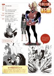 Rule 34 | 1boy, 1girl, abs, bakuya, black sclera, blonde hair, breast pillow, breasts, character sheet, colored sclera, concept art, dark skin, femdom, gloves, height difference, highres, horns, huge breasts, information sheet, monster girl, multiple arms, muscular, oni, size difference, slingshot swimsuit, swimsuit, towering, tsundere