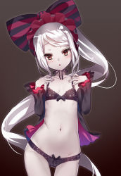 Rule 34 | 1girl, :o, absurdres, black background, black bra, black panties, blush, bonnet, bow, bow bra, bow panties, bra, breasts, chin strap, collarbone, detached sleeves, frills, gluteal fold, hair bow, highres, large bow, long hair, long sleeves, looking at viewer, navel, open mouth, overlord (maruyama), panties, ponytail, red eyes, shalltear bloodfallen, side ponytail, simple background, skindentation, small breasts, solo, standing, stomach, thigh gap, underwear, underwear only, very long hair, white hair, yamacchi