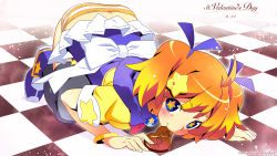 Rule 34 | all fours, artist name, bow, candy, checkered floor, chocolate, chocolate heart, clothes lift, floor, food, hair ornament, hair ribbon, heart, highres, looking at viewer, mouth hold, naughty face, official art, official wallpaper, on floor, orange hair, panties, pantyshot, plim, ribbon, skirt, skirt lift, solo, star-shaped pupils, star (symbol), star hair ornament, striped clothes, striped panties, symbol-shaped pupils, thighhighs, twinkle soft, twintails, underwear, valentine, wallpaper, watanabe akio